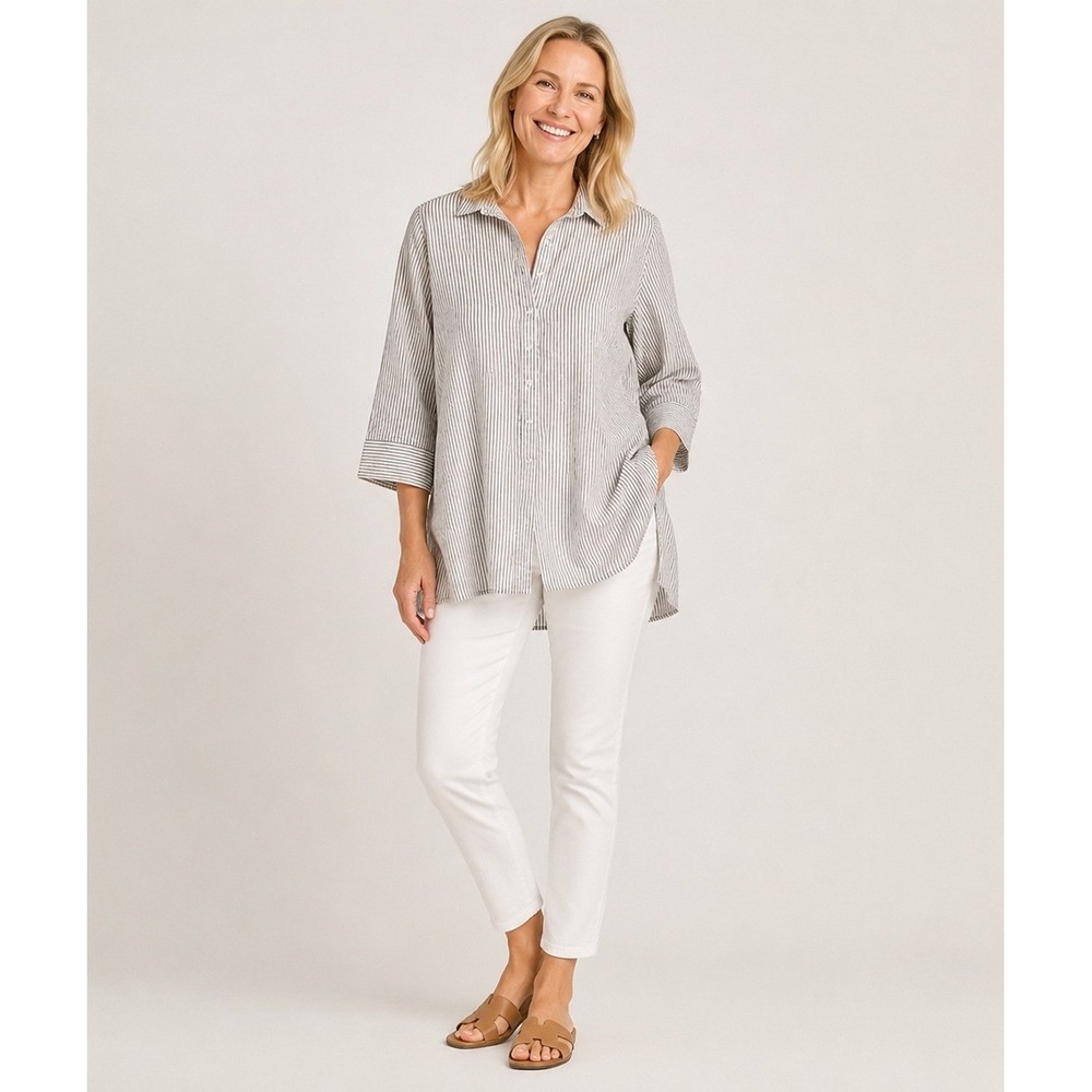 Habitat High Low Button Front Tunic Shirt Womens Small White Blue Stripe Cotton